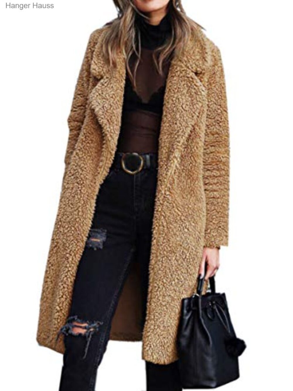 Fuzzy Fleece Lapel Open Front Long Cardigan Coat Faux Fur Warm Winter Outwear